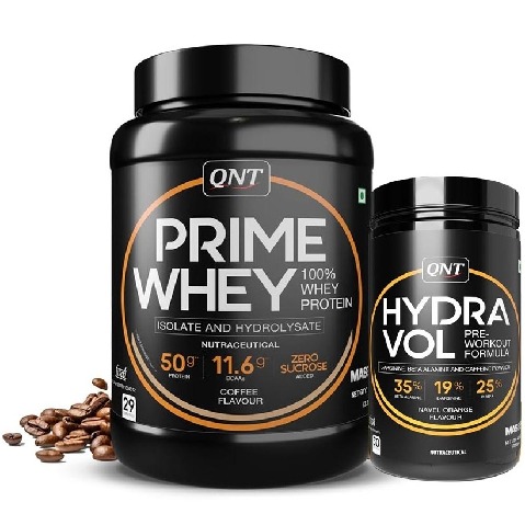 1 - QNT Prime Whey 2.2 lb Coffee with Hydra Vol Pre Workout Combo,  0.88 lb  Navel Orange 