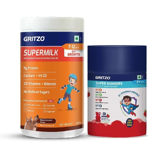 2 - Gritzo Supermilk Immunity Kit, 400 g Chocolate for Boy 7-12 Yrs with Gummies