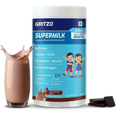 2 - Supermilk Gritzo Overall Growth for Boy/Girl 2-6 Yrs Protein & Nutrition Drink Mix (Old MRP), 400 g Double Chocolate