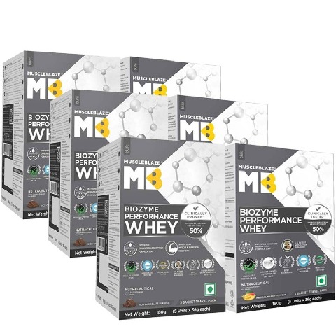 MuscleBlaze Biozyme Performance Whey Rich Chocolate and Magical Mango 1.08 kg - 30 sachets x 36g