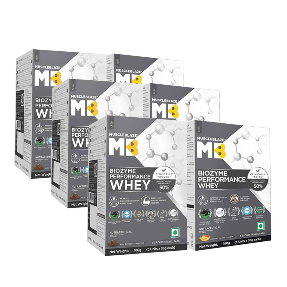 MuscleBlaze Biozyme Performance Whey Rich Chocolate and Magical Mango 1.08 kg - 30 sachets x 36g-picture-38