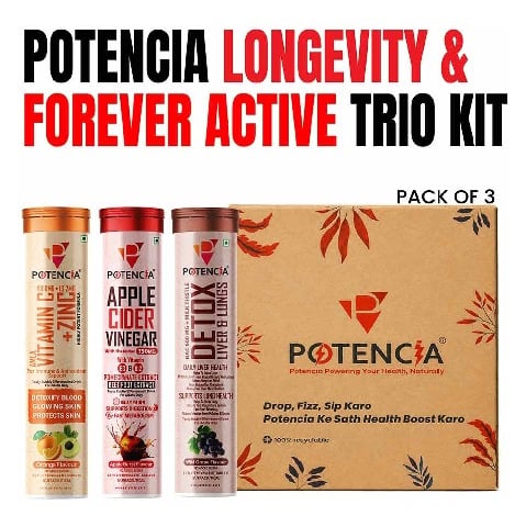 7 - Potencia Longevity Trio Kit, 45 tablets Vitamin C(Orange)+Apple Cider Vinegar(Apple Burst)+Detox Liver & Lungs(Wild Grape)