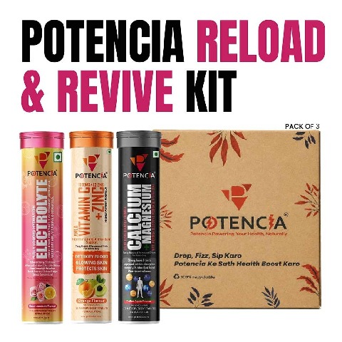 5 - Potencia Reload & Revive Kit, 45 tablet(s) Electrolyte(Rose Lemonade)+ Vitamin C & Zinc(Orange)+ Calcium & Magnesium(Toffee Apple)