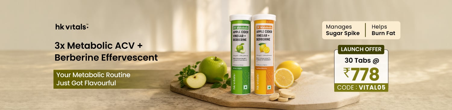 HealthKart HK Vitals 3x Metabolic ACV + Berberine Effervescent, 30 tablet(s), Green Apple and Masala Lemon | Launch - Rs. 778 | VITAL05