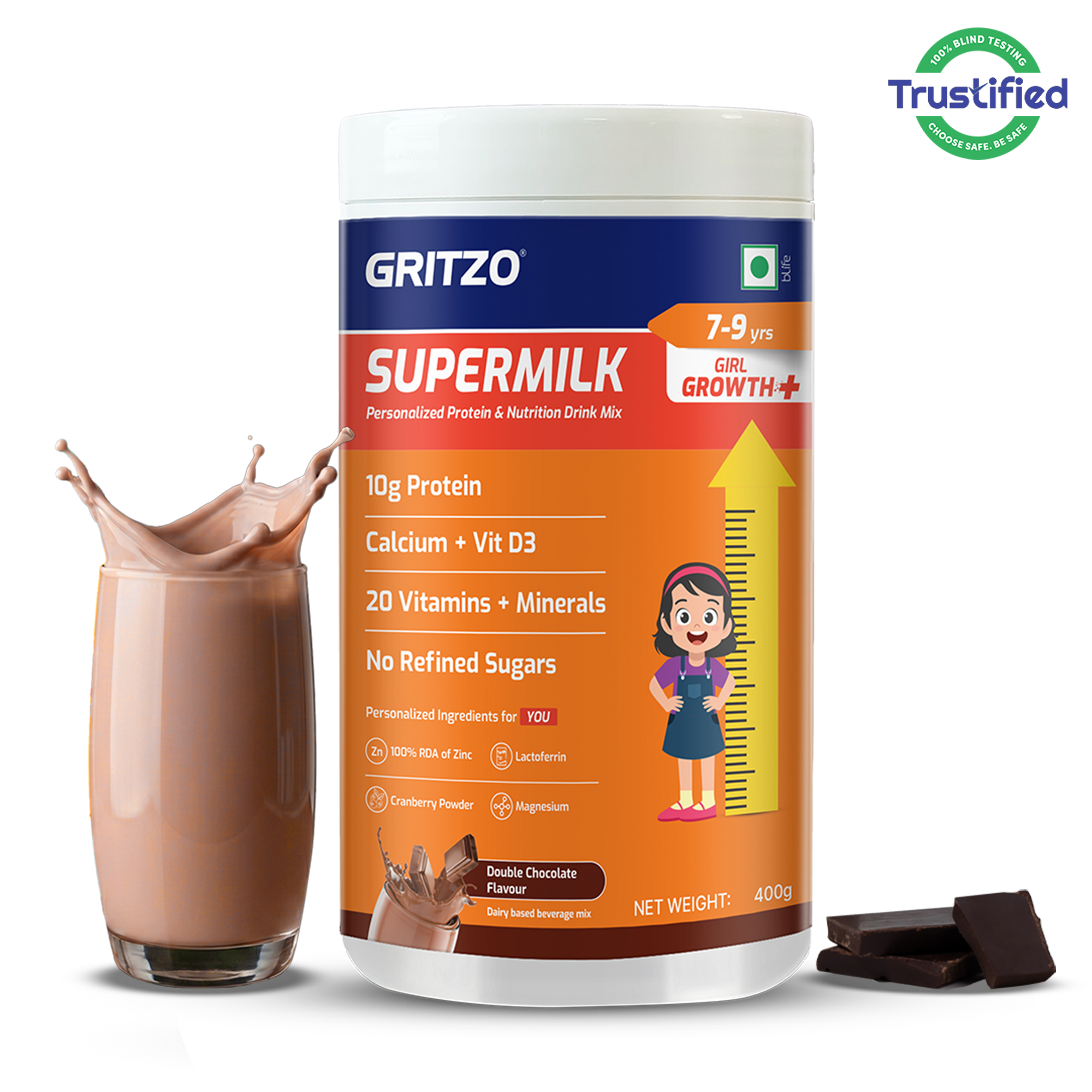 10 (1 - Supermilk Growth+ for Girl 7 to 9 years, 400 g Double Chocolate 7-9 Yrs Girl Growth+ With Unrefined Sugar