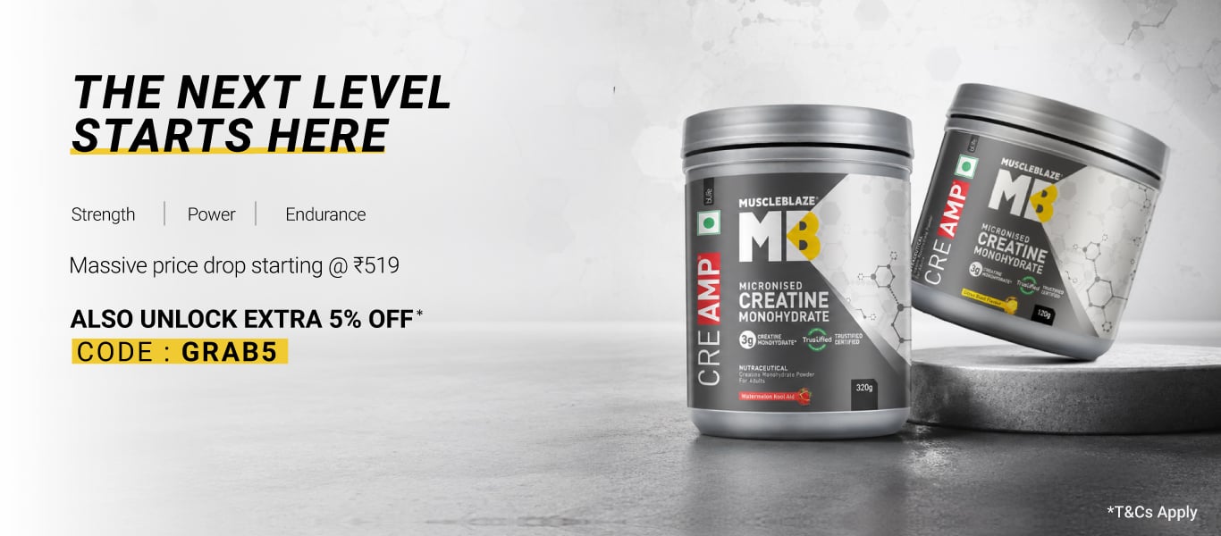 Creatine Monohydrate CreAMP Range - Massive Price Drop Starting @ Rs. 519 + Extra 5% Off. Code: GRAB5