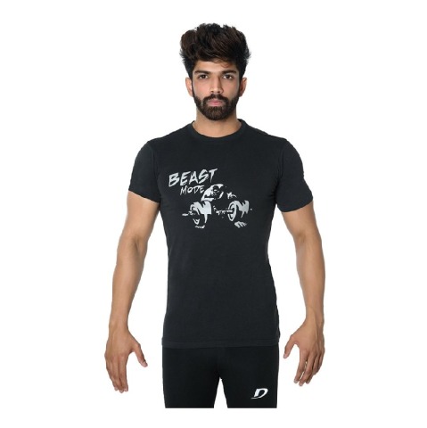 DK Active Wear Half Sleeve Gym T Shirt (Beast Mode), Black and Silver Large