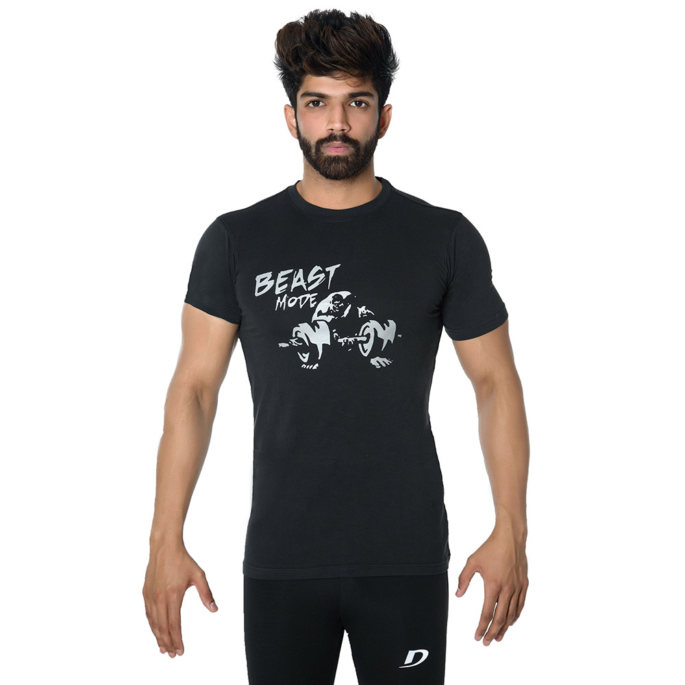 1 - DK Active Wear Half Sleeve Gym T Shirt (Beast Mode),  Black and Silver  XXL 