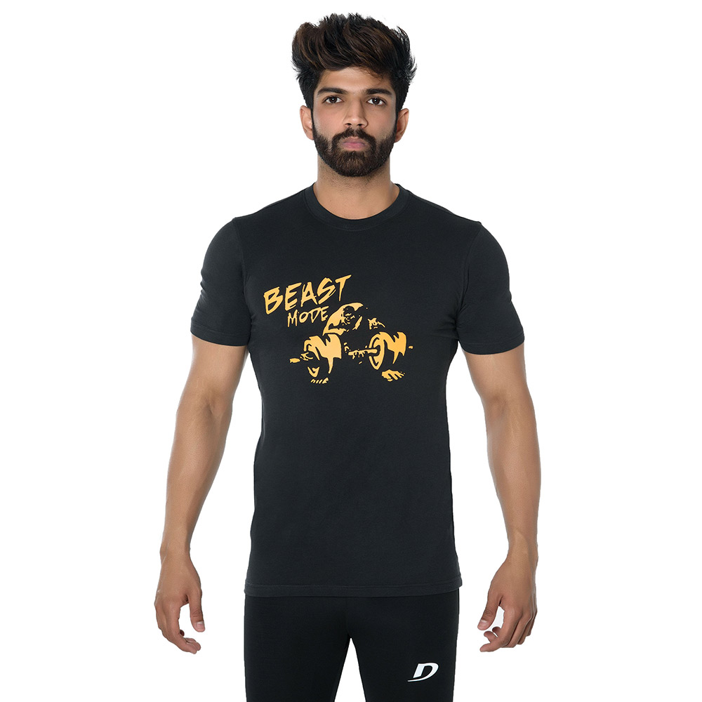 DK Active Wear Half Sleeve Gym T Shirt (Beast Mode),  Black and Yellow  Large 