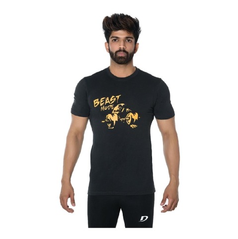 1 - DK Active Wear Half Sleeve Gym T Shirt (Beast Mode),  Black and Yellow  XXL 