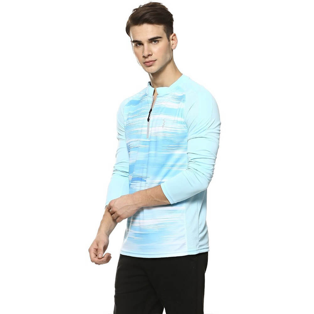 3 - Campus Sutra Graphic Print Men Mandarin Collar T Shirt,  Sea Blue  Large 