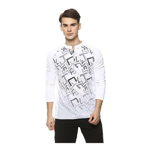 1 - Campus Sutra Graphic Print Men Mandarin Collar T Shirt,  White  Large 