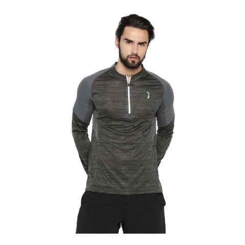 Campus Sutra Solid Men Mandarin Collar T Shirt,  Grey & Black  Small 