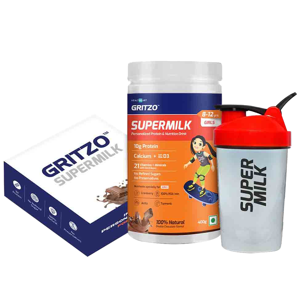 Gritzo Supermilk Personalized Protein & Nutrition Drink  8-12yrs Girl with Shaker,  400 g  Double Chocolate 