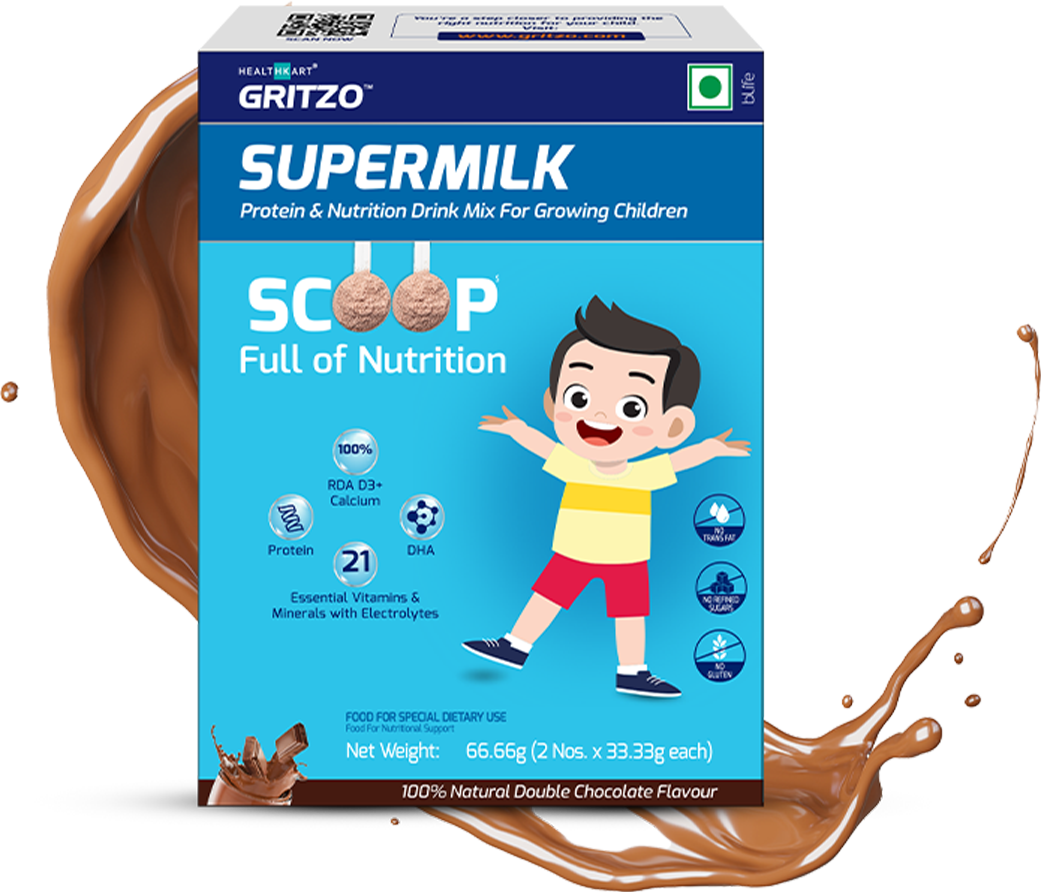 Gritzo Supermilk Overall Growth for 4-7 Yrs Protein & Nutrition Drink Mix, 66.66 g Double Chocolate (Trial Pack) 4-7 Yrs Boy Growth