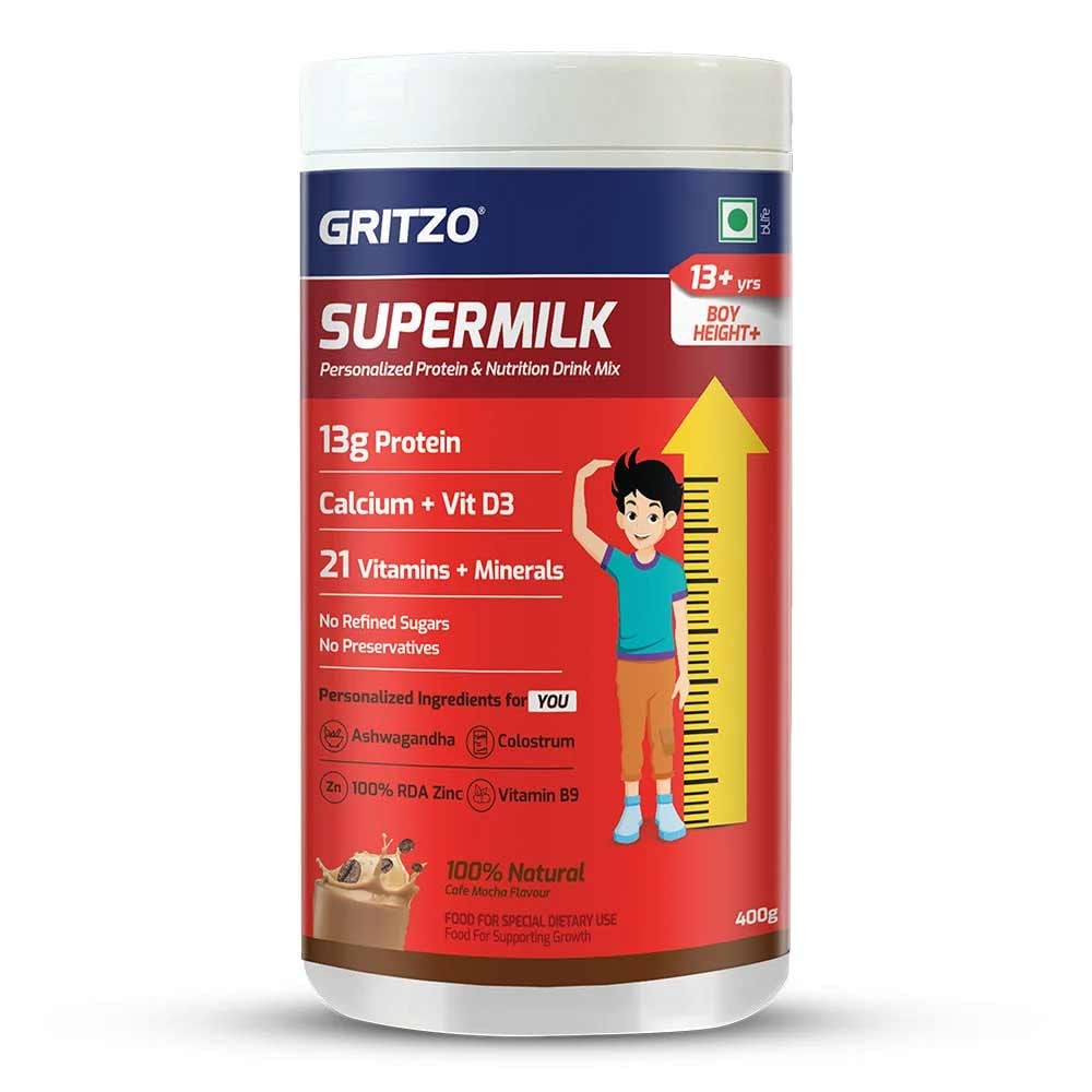 1 - Supermilk Gritzo Height+ for 13+ Yrs Boys Personalized Protein & Nutrition Drink Mix OP,  400 g  Cafe Mocha 