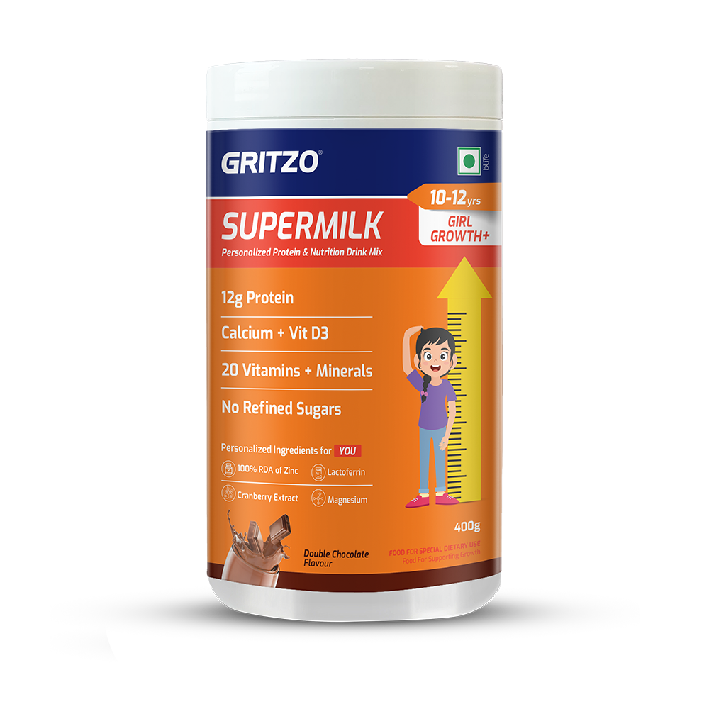 Supermilk Growth+(Formerly Height+) for Girl 10to12 yrs, 400 g Double Chocolate 10-12 Yrs Girl Growth+(Formerly Height+) With Unrefined Sugar