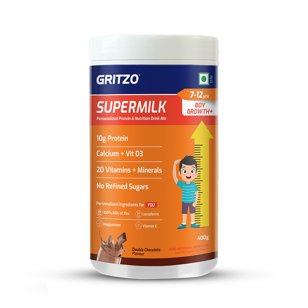 Supermilk Growth+(Formerly Height+) for Boy 7 to 12 years,  400 g  Double Chocolate  7-12 Yrs  Boy  Growth+(Formerly Height+)  With Unrefined Sugar 