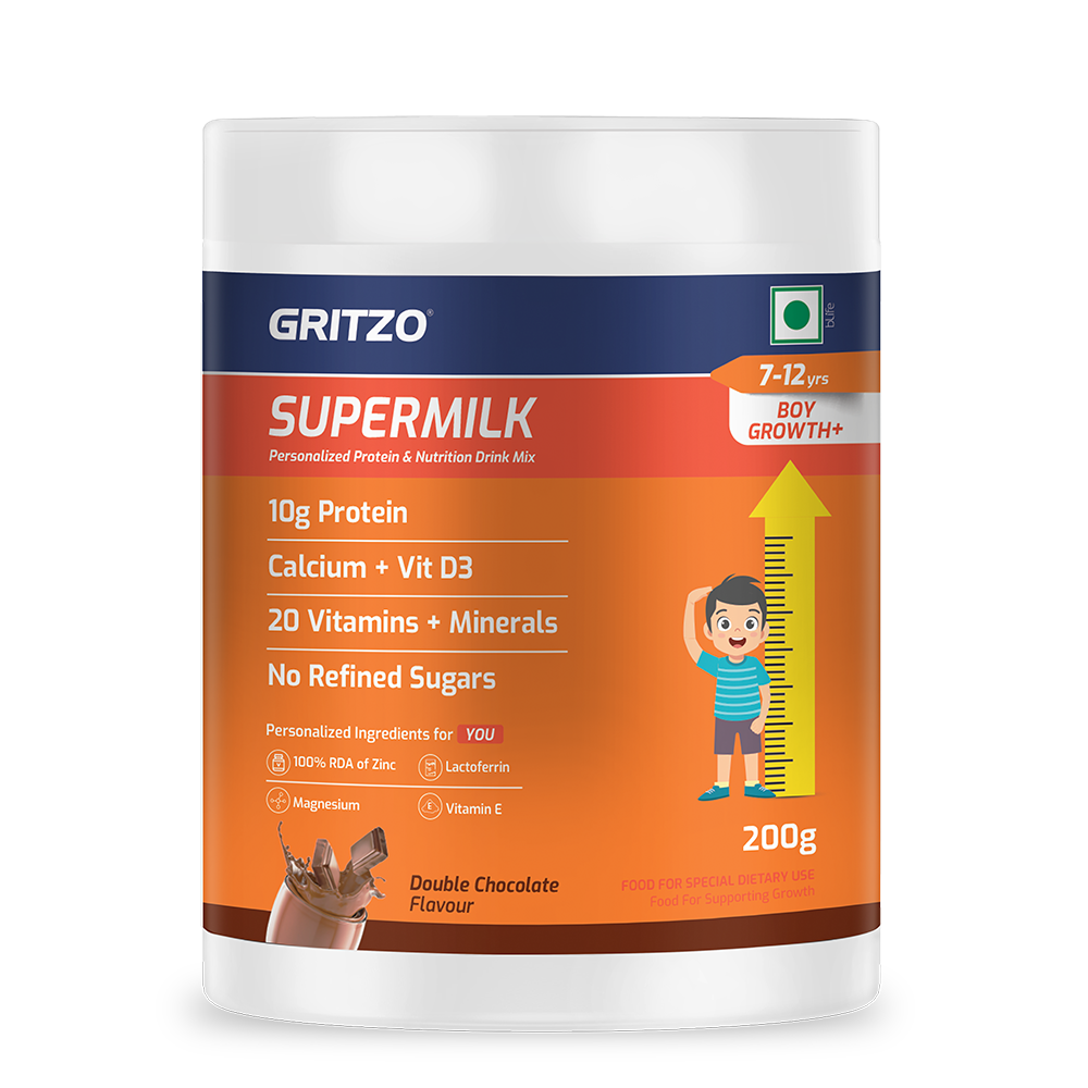 Supermilk Growth+(Formerly Height+) for Boy 7 to 12 years,  200 g  Double Chocolate  7-12 Yrs  Boy  Growth+(Formerly Height+)  With Unrefined Sugar 