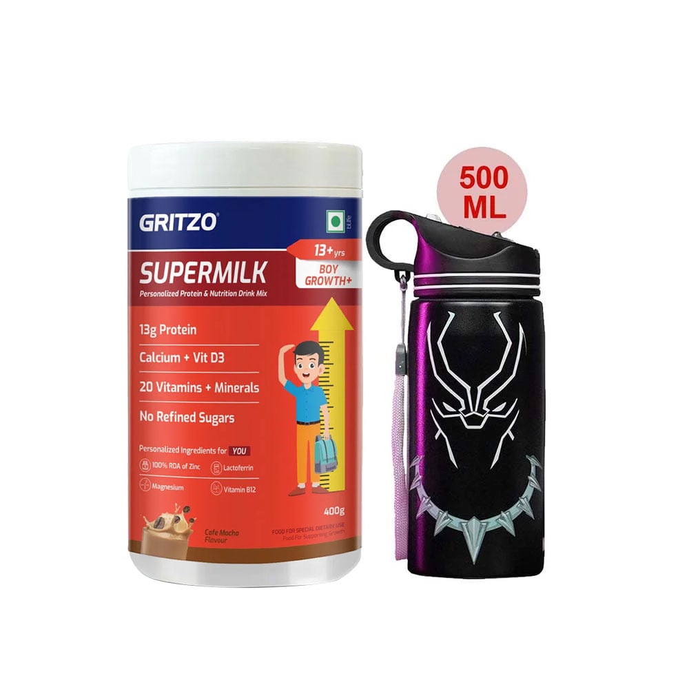 Supermilk Growth+ for Boy 13+ Yrs 400g Cafe Mocha and 500ml Black Panther Sipper Combo