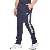 1 - Fitinc Side Striped Cotton Trackpant with Both Side Zipper Pockets,  Navy Blue  Small 
