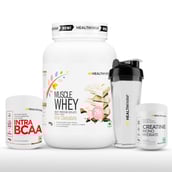 1 - Healthfarm Muscle Whey 2.2lb with Intra BCAA & Creatine Monohydrate Combo, 3 Piece(s)/Pack Milk Chocolate, Island Fusion (with Free Shaker)