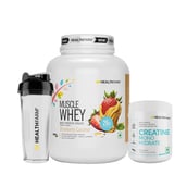 Healthfarm Muscle Whey 4.4lb with Creatine Monohydrate 0.55lb Combo, 3 Piece(s)/Pack Strawberry Caramel & Unflavoured (with Shaker)