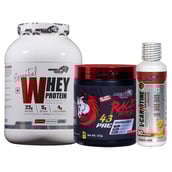 1 - Muscle Garage Essential Whey Protein 4.4 lb Chocolate & Race Horse Pre Workout 0.33 lb Fruit Punch with Creatine Combo,  0.55 lb  Unflavoured 