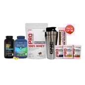 GNC Pro Performance 100% Whey Protein, Creatine Monohydrate, Fish Oil, Protein Wafer Bar with Strong Steel Shaker Combo, 0.077 lb Chocolate Supreme