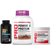 GNC Pro Performance Power Protein 4 lb Double Rich Chocolate & Creatine Monohydrate Unflavoured  0.22 lb with Mega Men One Daily Multivitamin 60 Tabs