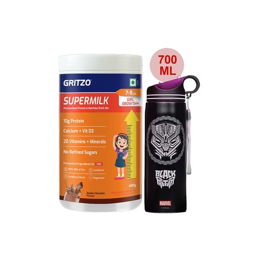 Supermilk Growth+ for Girl 7 to 9 Yrs 400g and 700ml Black Panther Sipper Combo