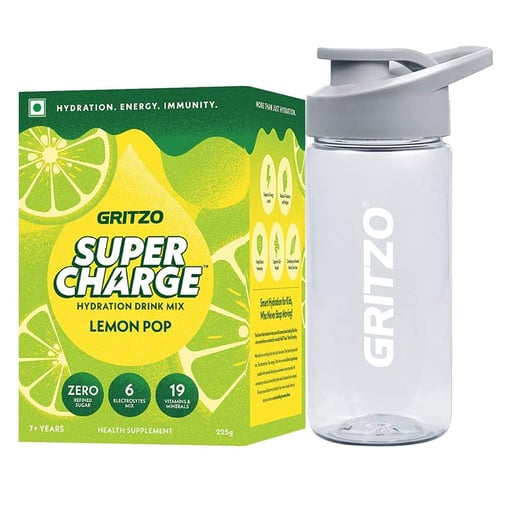 Supercharge Hydration Drink Mix Lemon Pop 15 Pieces Pack & Sipper Combo