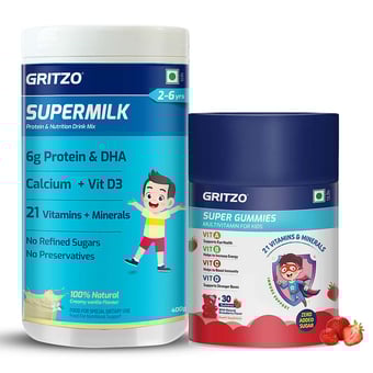 Supermilk Overall Growth for Boy/Girl 2 to 6 Yrs 400g Creamy Vanilla and Gummies Multivitamin Natural Strawberry Combo