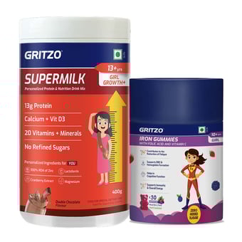 Supermilk Growth+ 400g Double Chocolate for 13+ Yrs Girl & Iron Gummies Combo
