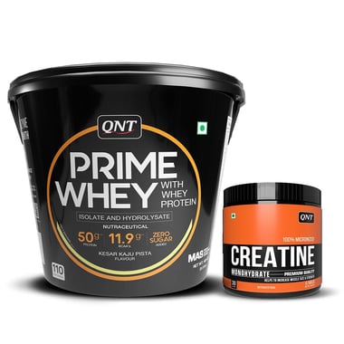 QNT Prime Whey & Creatine Monohydrate Unflavoured 0.198 lbs Combo- 8.8 lb Kesar Kaju Pista
