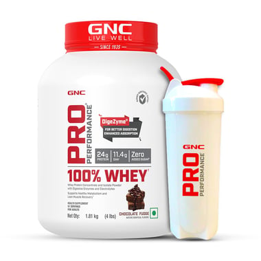 GNC Pro Performance 100% Whey Protein & White Shaker 700 ml Combo, 4 lb Chocolate Fudge