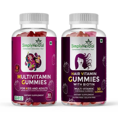 Simply Herbal Multivitamin Gummies & Hair Vitamin Gummies with Biotin Combo,  30 gummies  Strawberry 