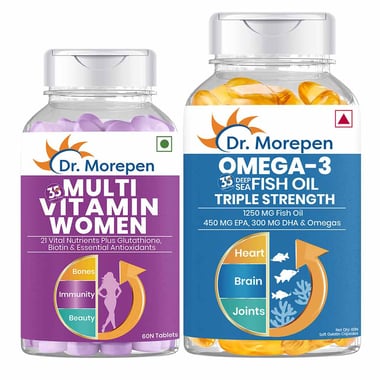 Dr. Morepen Multivitamin Women 60 Tablets & Omega-3 Triple Strength Fish Oil Combo,  60 softgels  Unflavoured 