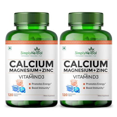 Simply Herbal Calcium Magnesium + Zinc with Vitamin D3, 120 tablet(s) Unflavoured (Pack of 2)