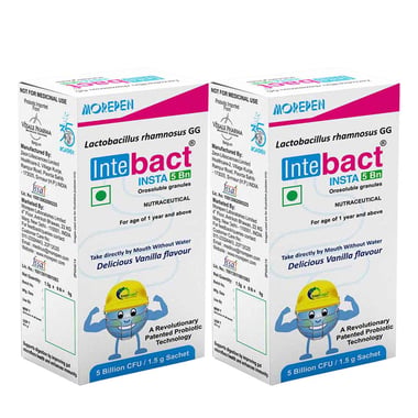 Dr. Morepen Intebact Insta 5 Bn Probiotic,  6 sachets/pack  Delicious Vanilla (Pack of 2) 