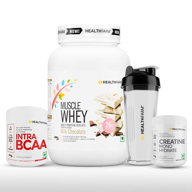 Healthfarm Muscle Whey 2.2lb with Intra BCAA & Creatine Monohydrate Combo,  0.22 lb  Milk Chocolate, Island Fusion (with Free Shaker) 