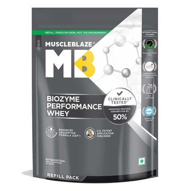 MuscleBlaze Biozyme Performance Whey Protein Powder (Old MRP), 2.2 lb Refill Pack Unflavoured