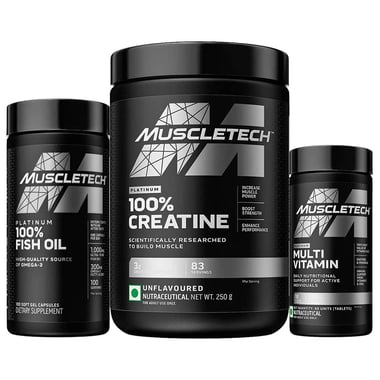 MuscleTech Platinum 100% Creatine Unflavoured 0.55 lb, Platinum100% Fish Oil 100 softgels & Platinum Multi Vitamin Combo, 60 tablet(s) Unflavoured