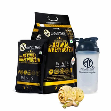 Muscle Trail Gold Standard Series 100% Natural Whey Protein, 60 sachets/pack Kulfi Pista (with Free Shaker Inside)