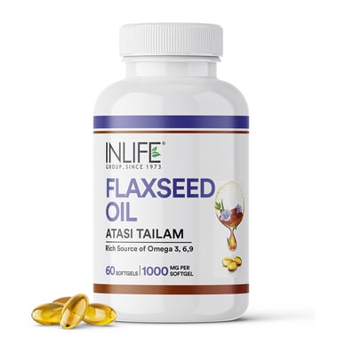 INLIFE Extra Virgin Cold Pressed Flaxseed Oil 1000mg with Omega 3 6 9, 60 softgels