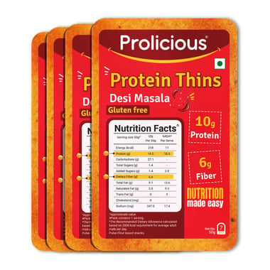 Prolicious Protein Thins Snack Chips, Desi Masala (Pack of 4) 50 g