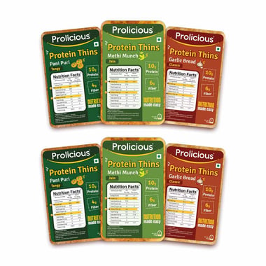 Prolicious Protein Thins Snack Chips, Garlic Bread, Methi Munch, Pani Puri (Pack of 6) 50 g