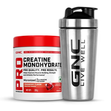 GNC Pro Performance Pure Micronized Creatine Monohydrate, Cranberry with Steel Shaker 750ml 0.55 lb