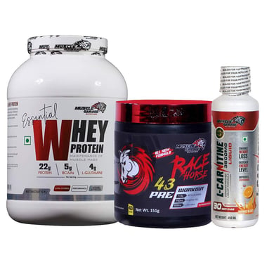 Muscle Garage Essential Whey Protein 4.4 lb Chocolate & Race Horse Pre Workout 0.33 lb Fruit Punch with Creatine Combo,  0.55 lb  Unflavoured 