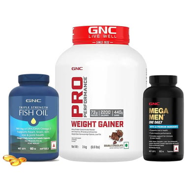 Pro Performance Weight Gainer 6.6 lb Double Chocolate & Mega Men One Daily Multivitamin 60 Tabs with Triple Strength Fish Oil 60 Softgels